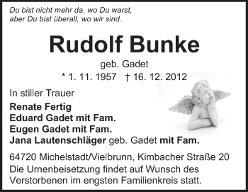 Traueranzeige von Rudolf Bunke von Odenwälder Echo