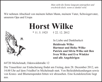 Traueranzeige von Horst Wilke von Odenwälder Echo