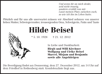 Traueranzeige von Hilde Beisel von Odenwälder Echo