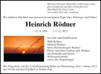 Traueranzeige von Heinrich Rödner von Rüsselsheimer Echo, Groß-Gerauer-Echo, Ried Echo