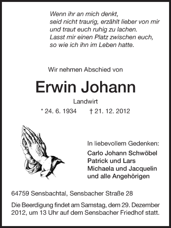 Traueranzeige von Erwin Johann von Odenwälder Echo