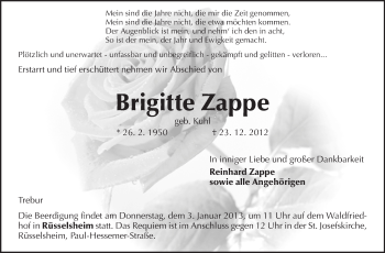 Traueranzeige von Brigitte Zappe von Rüsselsheimer Echo, Groß-Gerauer-Echo, Ried Echo