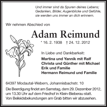 Traueranzeige von Adam Reimund von Echo-Zeitungen (Gesamtausgabe)