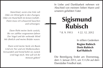 Traueranzeige von Sigismund Rubisch von Echo-Zeitungen (Gesamtausgabe)