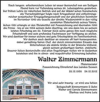 Traueranzeige von Walter Zimmermann von Echo-Zeitungen (Gesamtausgabe)