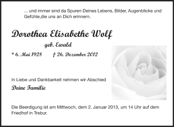 Traueranzeige von Dorothea Elisabethe Wolf von Rüsselsheimer Echo, Groß-Gerauer-Echo, Ried Echo