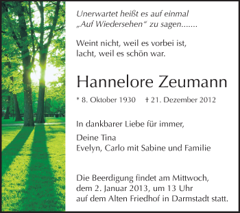 Traueranzeige von Hannelore Zeumann von Echo-Zeitungen (Gesamtausgabe)