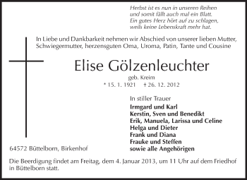 Traueranzeige von Elise Gölzenleuchter von Rüsselsheimer Echo, Groß-Gerauer-Echo, Ried Echo