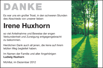 Traueranzeige von Irene Huxhorn von Echo-Zeitungen (Gesamtausgabe)