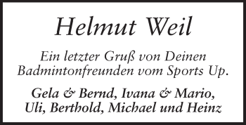 Traueranzeige von Helmut Weil von Echo-Zeitungen (Gesamtausgabe)