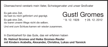 Traueranzeige von Gustl Gromes von Echo-Zeitungen (Gesamtausgabe)
