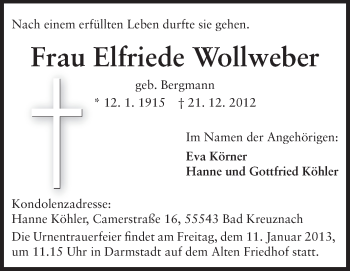 Traueranzeige von Elfriede Wollweber von Echo-Zeitungen (Gesamtausgabe)