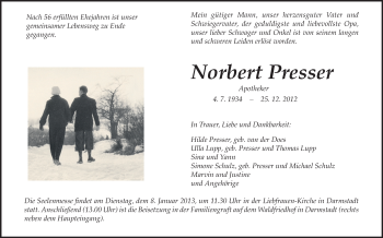 Traueranzeige von Norbert Presser von Echo-Zeitungen (Gesamtausgabe)