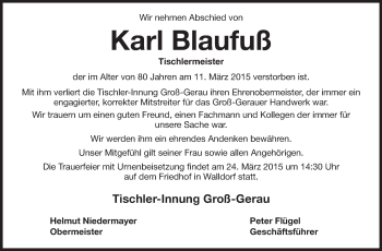 Traueranzeige von Karl Blaufuß von Rüsselsheimer Echo, Groß-Gerauer-Echo, Ried Echo