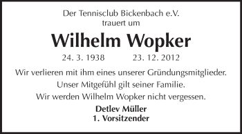Traueranzeige von Wilhelm Wopker von Echo-Zeitungen (Gesamtausgabe)
