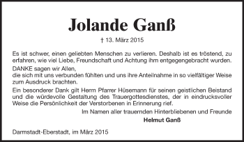 Traueranzeige von Jolande Ganß von Echo-Zeitungen (Gesamtausgabe)