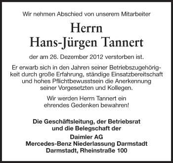 Traueranzeige von Hans-Jürgen Tannert von Echo-Zeitungen (Gesamtausgabe)