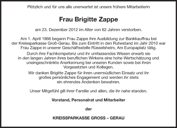 Traueranzeige von Brigitte Zappe von Rüsselsheimer Echo, Groß-Gerauer-Echo, Ried Echo