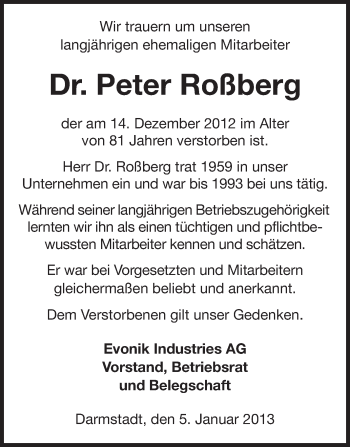 Traueranzeige von Peter Roßberg von Echo-Zeitungen (Gesamtausgabe)
