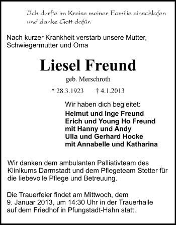 Traueranzeige von Liesel Freund von Echo-Zeitungen (Gesamtausgabe)