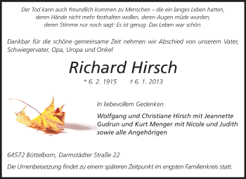 Traueranzeige von Richard Hirsch von Rüsselsheimer Echo, Groß-Gerauer-Echo, Ried Echo
