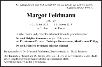 Traueranzeige von Margot Feldmann von Rüsselsheimer Echo, Groß-Gerauer-Echo, Ried Echo