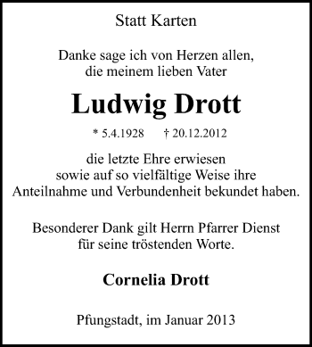 Traueranzeige von Ludwig Drott von Echo-Zeitungen (Gesamtausgabe)