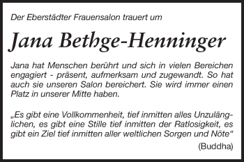 Traueranzeige von Jana Bethge-Henninger von Echo-Zeitungen (Gesamtausgabe)