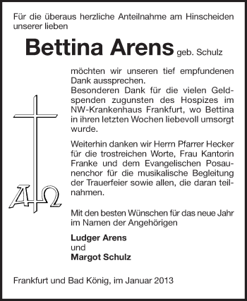 Traueranzeige von Bettina Arens von Odenwälder Echo