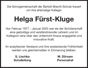 Traueranzeige von Helga Fürst-Kluge von Echo-Zeitungen (Gesamtausgabe)