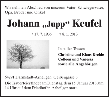 Traueranzeige von Johann Keufel von Echo-Zeitungen (Gesamtausgabe)
