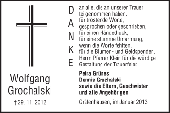 Traueranzeige von Wolfgang Grochalski von Echo-Zeitungen (Gesamtausgabe)