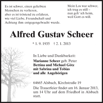 Traueranzeige von Alfred Gustav Scheer von Echo-Zeitungen (Gesamtausgabe)
