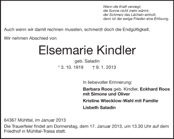 Traueranzeige von Elsemarie Kindler von Echo-Zeitungen (Gesamtausgabe)