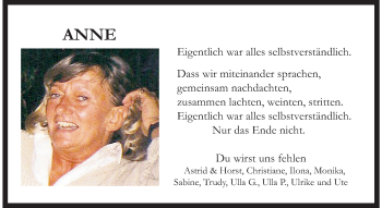 Traueranzeige von Anne  von Echo-Zeitungen (Gesamtausgabe)