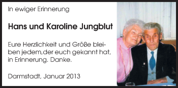 Traueranzeige von Hans und Karoline Jungblut von Echo-Zeitungen (Gesamtausgabe)