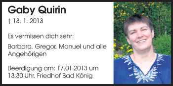 Traueranzeige von Gaby Quirin von Odenwälder Echo