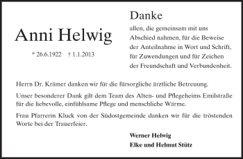 Traueranzeige von Anni Helwig von Echo-Zeitungen (Gesamtausgabe)
