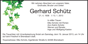 Traueranzeige von Gerhard Schütz von Echo-Zeitungen (Gesamtausgabe)