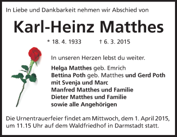 Traueranzeige von Karl-Heinz Matthes von Echo-Zeitungen (Gesamtausgabe)