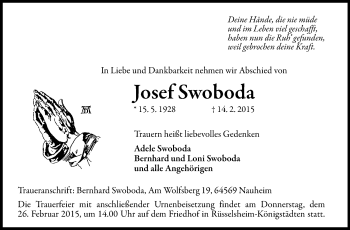 Traueranzeige von Josef Swoboda von Rüsselsheimer Echo, Groß-Gerauer-Echo, Ried Echo