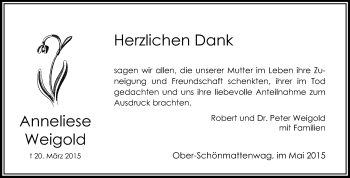 Traueranzeige von Anneliese Weigold von Starkenburger Echo