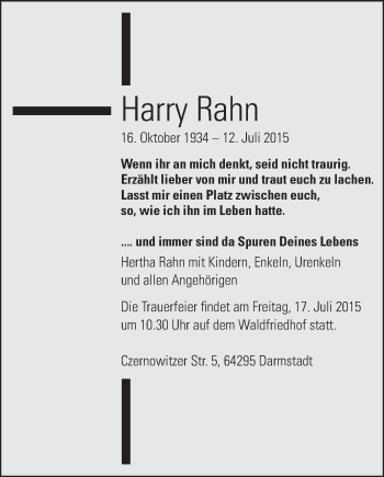 Traueranzeige von Harry Rahn von Echo-Zeitungen (Gesamtausgabe)