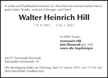 Traueranzeige von Walter Heinrich Hill von Echo-Zeitungen (Gesamtausgabe)