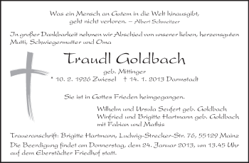 Traueranzeige von Traudl Goldbach von Echo-Zeitungen (Gesamtausgabe)