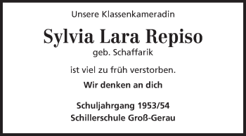Traueranzeige von Silvia Lara Repiso von Rüsselsheimer Echo, Groß-Gerauer-Echo, Ried Echo