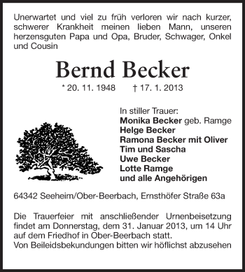 Traueranzeige von Bernd Becker von Echo-Zeitungen (Gesamtausgabe)