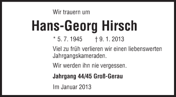 Traueranzeige von Hans-Georg Hirsch von Rüsselsheimer Echo, Groß-Gerauer-Echo, Ried Echo