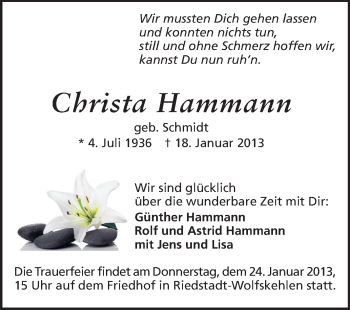 Traueranzeige von Christa Hammann von Rüsselsheimer Echo, Groß-Gerauer-Echo, Ried Echo