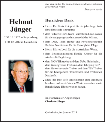 Traueranzeige von Helmut Jünger von Rüsselsheimer Echo, Groß-Gerauer-Echo, Ried Echo